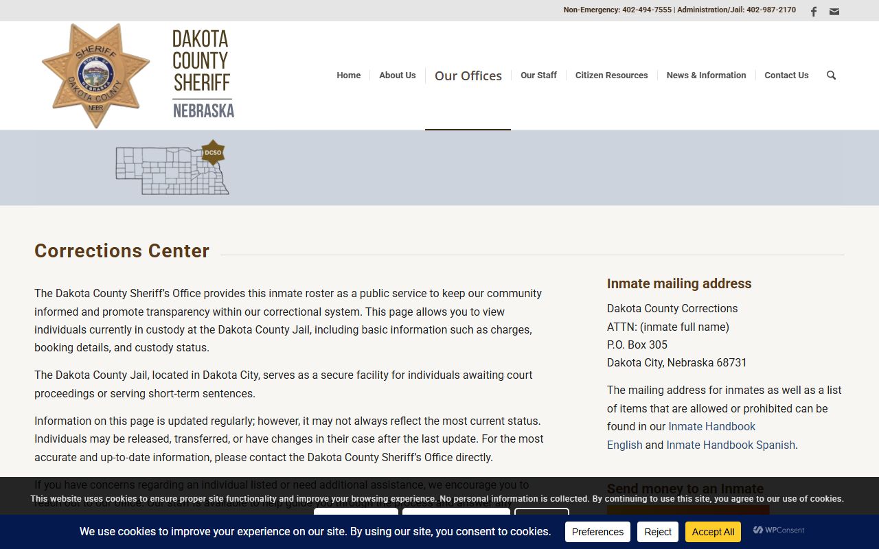 Dakota County Sheriff's Office corrections center page with roster and jail information links